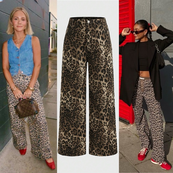 Pants - Brown black leopard cheetah denim jean like straight / wide pants